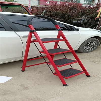 Foldable Carbon Steel Hand Truck Ladder Red 4 Steps Round Handrail